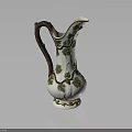 Household Decorative White Pitcher Featuring Green Leaf Branch Pattern and Brown Handle 3d model