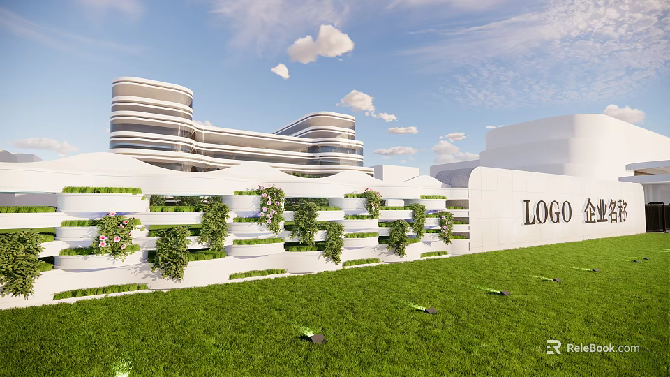 Modern Entrance Gate With White Structure Vertical Greenery And Lawn Surroundings 3d model 