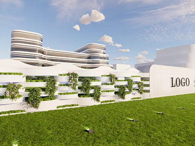 Modern Entrance Gate With White Structure Vertical Greenery And Lawn Surroundings 3d model