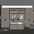 Modern Walk in Closet Design with Glass Door Cabinets Open Shelves and Central Drawer Unit