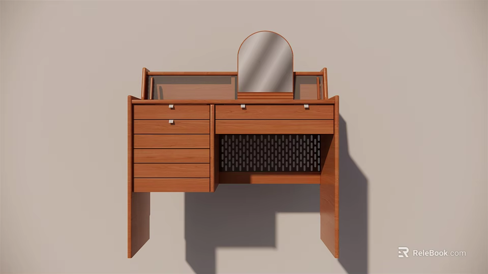 Wooden Brown Dressing Table With Round Mirror Drawers And Woven Detail 3d model 