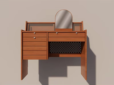 Wooden Brown Dressing Table With Round Mirror Drawers And Woven Detail 3d model