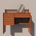 Wooden Brown Dressing Table With Round Mirror Drawers And Woven Detail
