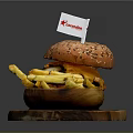 Delicious Krusty Hamburger With Beef Patty And Golden Fries On Wooden Tray