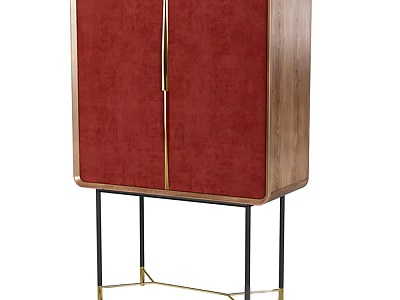 Elegant Console Cabinet With Red Velvet Doors Wooden Frame Golden Handles And Black Gold Legs 3d model