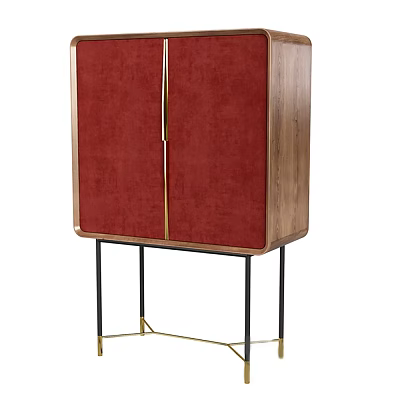 Elegant Console Cabinet With Red Velvet Doors Wooden Frame Golden Handles And Black Gold Legs 3d model