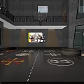 Indoor Multifunctional Fitness Space With Two Story Balcony Basketball Hoop Colorful Sports Markings And Tires