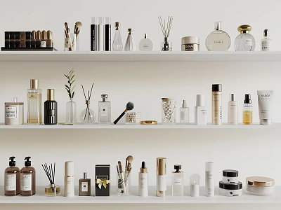 Stylish Perfume and Cosmetic Products Display with Various Bottles on White Shelves 3d model