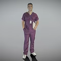 Man in Purple Scrubs Holding Folder With ID Badge on Gray Background