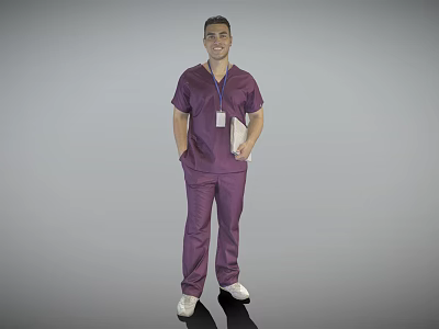 Man in Purple Scrubs Holding Folder With ID Badge on Gray Background 3d model