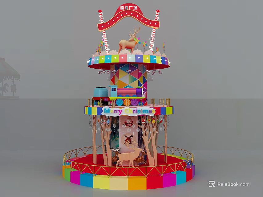 Vibrant Multi Level Carousel With Deer Figures And Colorful Decorations 3d model