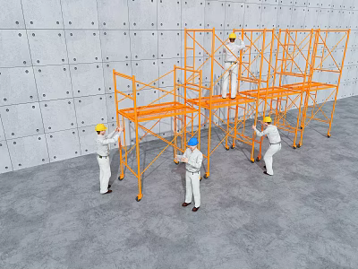 Building Exterior Wall Construction With Orange Scaffolding And Workers In Hard Hats 3d model