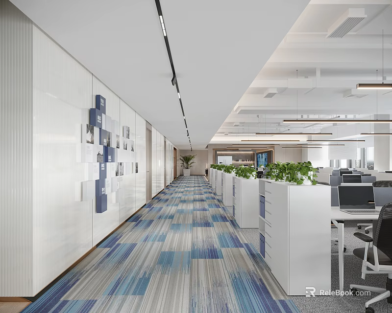 Modern Office Corridor Interior With Blue Gray Striped Carpet White Storage Cabinets And Green Plants 3d model 