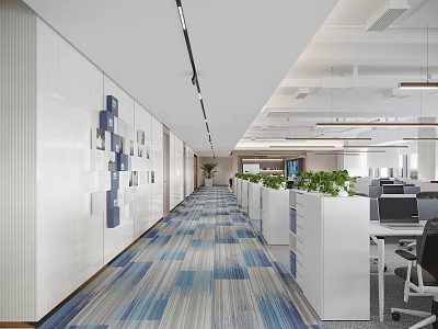 Modern Office Corridor Interior With Blue Gray Striped Carpet White Storage Cabinets And Green Plants 3d model