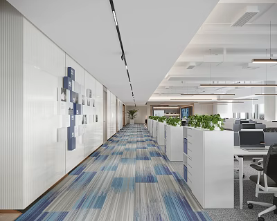 Modern Office Corridor Interior With Blue Gray Striped Carpet White Storage Cabinets And Green Plants 3d model