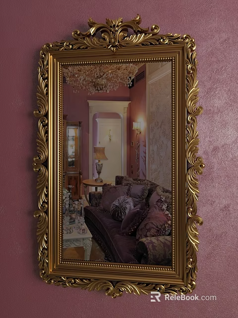 Golden Framed Mirror in Elegant Room With Pink Walls Chandelier Sofa And Coffee Table 3d model 