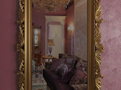 Golden Framed Mirror in Elegant Room With Pink Walls Chandelier Sofa And Coffee Table 3d model