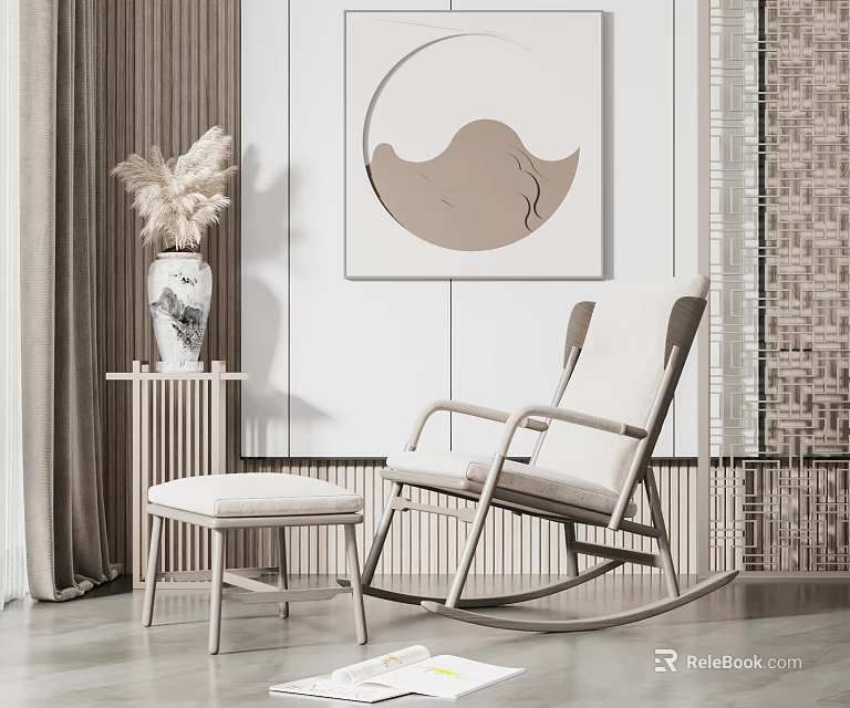 Modern Rocking Lounge Chair With Ottoman Circular Mountain Painting And Woven Texture Decor 3d model 