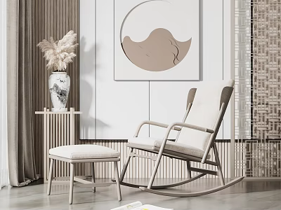 Modern Rocking Lounge Chair With Ottoman Circular Mountain Painting And Woven Texture Decor 3d model