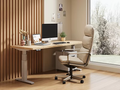 Modern Home Office With Wooden Desk Computer Chair And Large Window View 3d model