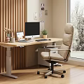 Modern Home Office With Wooden Desk Computer Chair And Large Window View