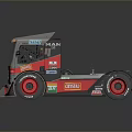 Red And Black Modified Racing Truck With Sponsor Logos And Large Wheels