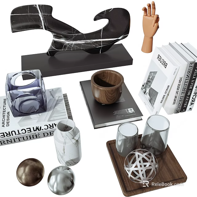 Elegant Decorative Ornament Set With Marble Wooden Tray Glass Cups And Books 3d model 