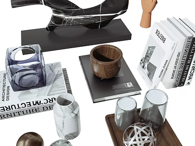 Elegant Decorative Ornament Set With Marble Wooden Tray Glass Cups And Books 3d model