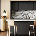Modern Kitchen Interior With Wooden And Black Cabinets Marble Backsplash And Island Counter