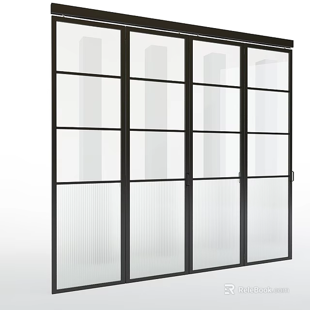 Modern Black Frame Glass Door With Multiple Panels And Ribbed Glass Sections 3d model 