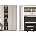 Elegant Modern Interior Featuring Piano And Art Supplies Storage Cabinet Shelves