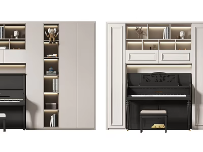 Elegant Modern Interior Featuring Piano And Art Supplies Storage Cabinet Shelves 3d model