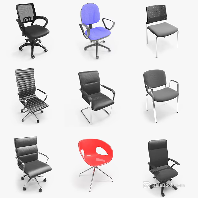 Assorted Office Chairs With Various Styles Colors Wheels And Ergonomic Designs 3d model