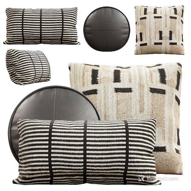 Stylish Striped and Geometric Pattern Pillows with Leather and Woven Textures in Black and Beige 3d model 