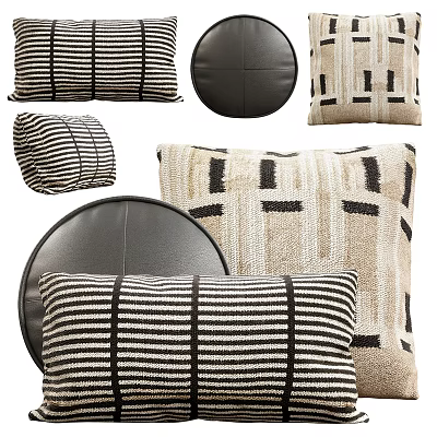 Stylish Striped and Geometric Pattern Pillows with Leather and Woven Textures in Black and Beige 3d model