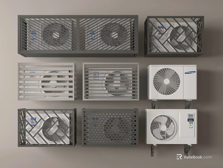 Air Conditioner Fans Featuring Various Grille Designs And Wall Mounted Units 3d model 