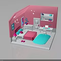 Pink Bedroom Interior With Bed Desk Nightstand Lamp Blue Rug And Moon Star Art