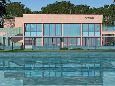 Pink Exterior Boutique Guesthouse Building With Large Glass Windows Surrounded By Trees And Pool Reflection 3d model