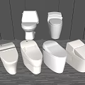 Multiple White Toilets In Various Modern Designs Displayed On Wooden Floor