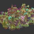 Cartoon Island Scene with Red Roofed Towers Green Palm Trees Stone Structures and Lush Grass