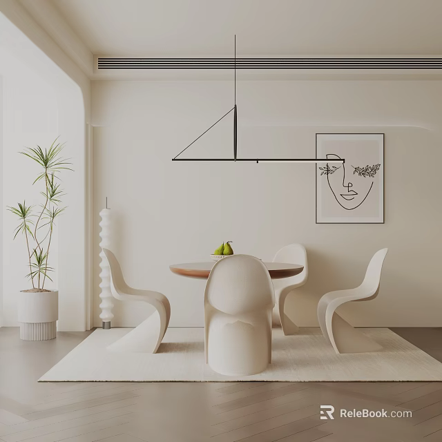 Minimalist Modern Dining Table Set With Round Table White Chairs Hanging Light And Green Plant 3d model 