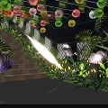 Floral Decor Archway With Colorful Lanterns Illuminated Lights Green Plants And Brick Pathway