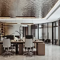 Modern Public Office Space Design With Desks Office Chairs Computers Hanging Lights And Glass Partitions