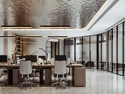 Modern Public Office Space Design With Desks Office Chairs Computers Hanging Lights And Glass Partitions 3d model