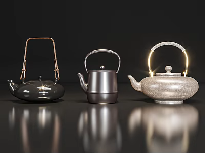 Three Metallic Teapot Decorative Ornament Set With Black Silver And Gold Accents On Reflective Surface 3d model