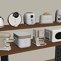 Essential Modern Kitchen Appliances on Organized Wooden Shelves Kettle Rice Cooker Air Fryer Toaster Microwave