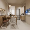 Modern Restaurant Dining Area With Wooden Table Chairs Marble Backsplash White Refrigerator And Pendant Light