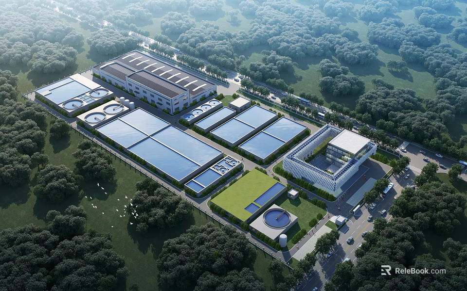 Large Industrial Factory Complex with Multiple Buildings Surrounded by Green Trees and Roads 3d model 