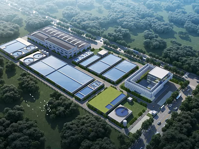 Large Industrial Factory Complex with Multiple Buildings Surrounded by Green Trees and Roads 3d model