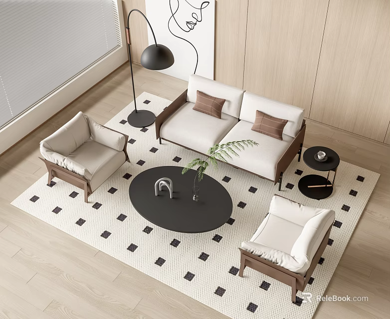 Modern Living Room Sofa Coffee Table Set with Armchairs Black Table Plant and Patterned Rug 3d model 